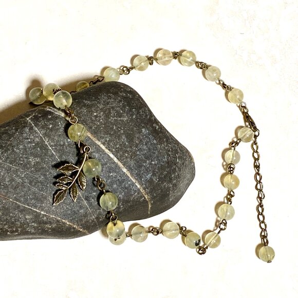 Natural Yellow Green Prehnite Necklace, Bronze Leaf Branch + Genuine Gemstone - Picture 13 of 16